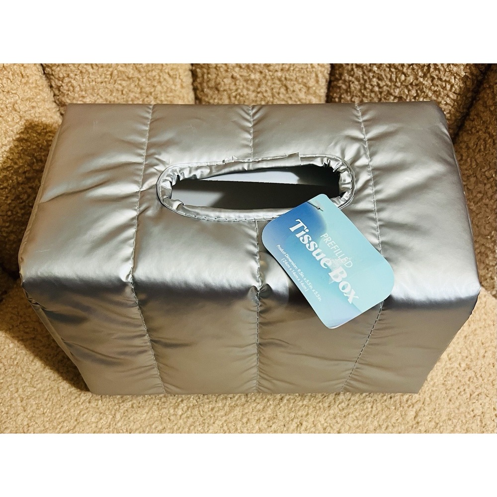 NEW W/ Tag TWO Shiny Silver Puffer Quilted Full Size Tissue Box Holders